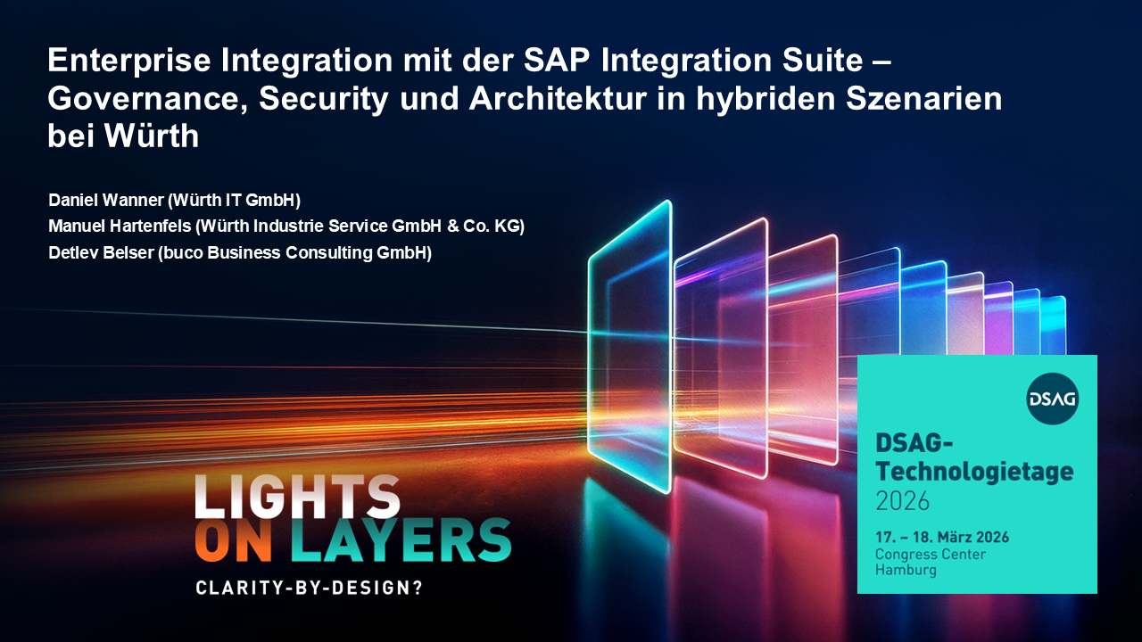 Titelfolie des Vortrags: „Enterprise Integration mit der SAP Integration Suite – Governance, Security und Architektur in hybriden Szenarien bei Würth“
